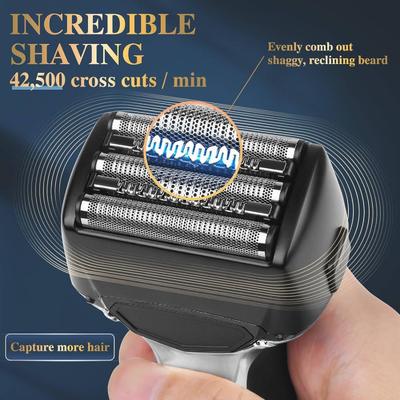 Barbeador Masculino de Cinco Lâminas com Bateria de 1000mAh e 90 Minutos de Tempo de Funcionamento, à Prova d'Água IPX6, Barbeador Elétrico Carregável por USB