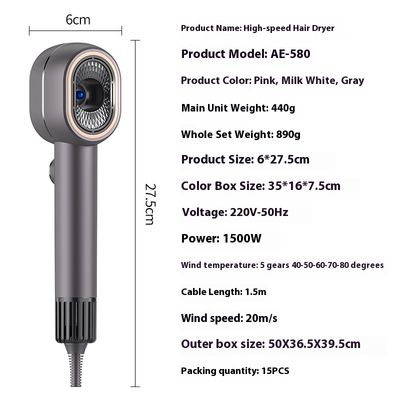 Secador de cabelo de alta velocidade de 1500 W com alta concentração de íons negativos e temperatura constante para cuidados rápidos com o cabelo seco